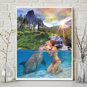 11x14 Dolphin Kissing Woman‎ Waterfall Majestic Watercolor Oil Painting Print